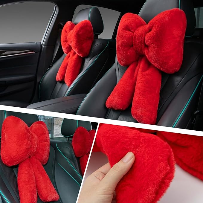 Macarrie 2 Pcs Car Neck Pillow Plush Butterfly Bow Car Headrest Pillow Comfortable Seat Neck Support Cute Head Rest Accessories for Driving Travel Driver Chair Girl Style Interior Decor (Red)