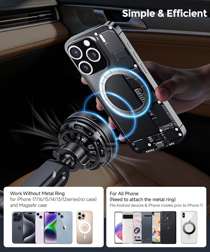 Dual Cup Phone Holder for Car, Cup Mount, Holds 2 Phones Simultaneously, Qi2.2 Max 25W Fast Wireless Car Charger Phone Mount, Compatible with MagSafe ＆ All 4.0-7.0 Inch Smartphones