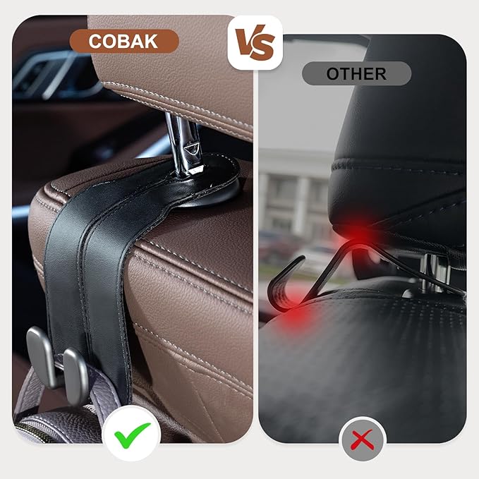 CoBak Purse Hook for Car - Universal Premium Stitched Leather and Aluminum-Magnesium Alloy Double Car Seat Back Storage Hook for Purses, Handbags, Bags (4 Pack),Black