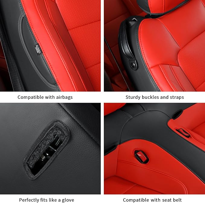 GIANT PANDA Customized Full Set Car Seat Covers Fit Ford Mustang Coupe Hardtop 2015 2016 2017 2018 2019 2020 2021 2022 2023 2024 2025 2026- (Black+Red)