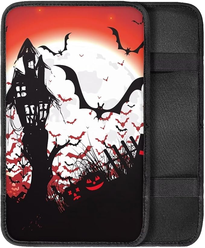 Halloween Bat Castle Universal Center Console Armrest Soft Pad Protector Cover Armrest Box Protector Non Slip for Pet Dogs Car Interior Decor