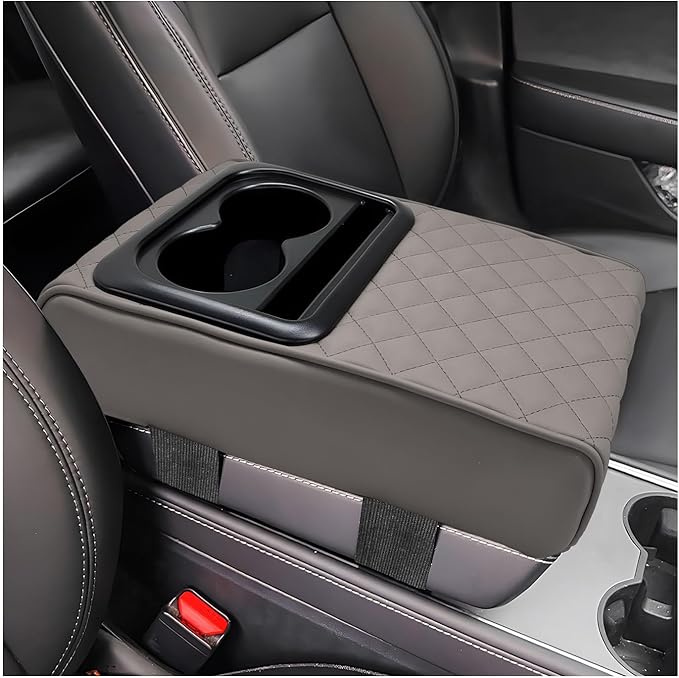 Car Center Console Armrest Pillow, Memory Foam Auto Armrest Box Cover with Cup Holder & Phone Holder, Waterproof Leather Arm Rest Protector Cushion, Interior Car Accessories (Diamond, Gray)