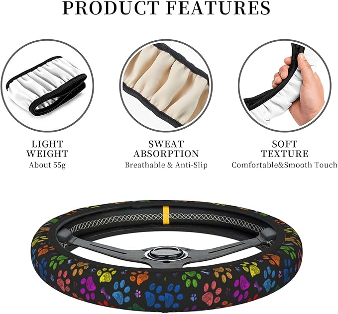 Dog Paw Print Steering Wheel Cover Women Men Elastic Stretch Soft Car Wheel Protector Universal Breathable No-Slip Car Accessories for Truck Van SUV Auto Fit 14-15 Inches