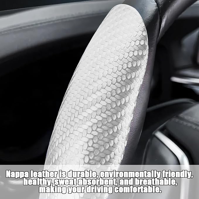 Mandark 3PCS Carbon Fiber Car Steering Wheel Cover, Anti-Skid Leather Vehicle Segmented Steer Wheel Protector, Auto Interior Protection Guard Accessories, Universal for Most Cars (White)