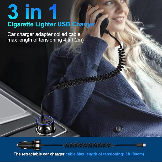 USB C 78W Car Charger for Google Pixel 10 Pro/10 Pro XL/10 Pro Fold/10/9A/9/9 Pro XL Fold/8/8 Pro/8A/7/7 Pro/7A/6 Pro,PD&QC 3.0 Fast Car Phone Cigarette Lighter USB Charger&4FT C Coiled Cable