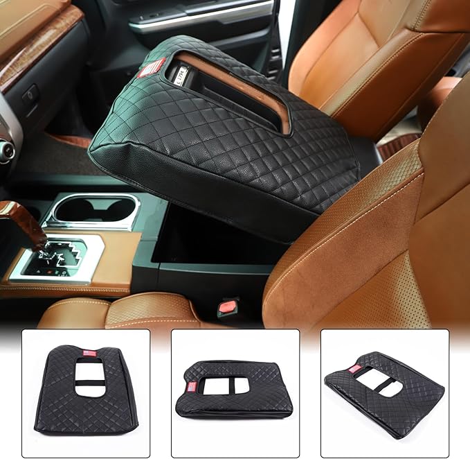 Aunginsy Leather Center Console Armrest Cover Compatible with Toyota Tundra 2014-2021, Car Arm Rest Pad Seat Box Cover Cushion Lid Scratch Protector Waterproof Black Accessories, With USA Flag Pattern