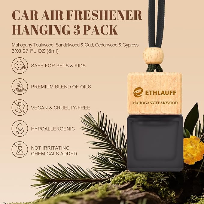 Car Air Freshener Hanging, 3 Pcs Teakwood Mahogany, Sandalwood & Oud, Cedarwood & Cypress, Wooden Scent Air Fresheners Diffuser for Car, 45+ days Long Lasting Fragrance, 0.27 FL OZ/8ML