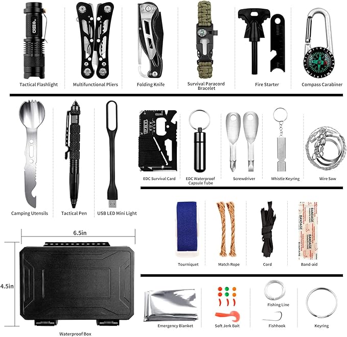 ANTARCTICA Emergency Survival Gear Kits 60 in 1, Outdoor Survival Tool with Emergency Bracelet Whistle Flashlight Pliers Pen Wire Saw for Camping, Hiking, Climbing,Car