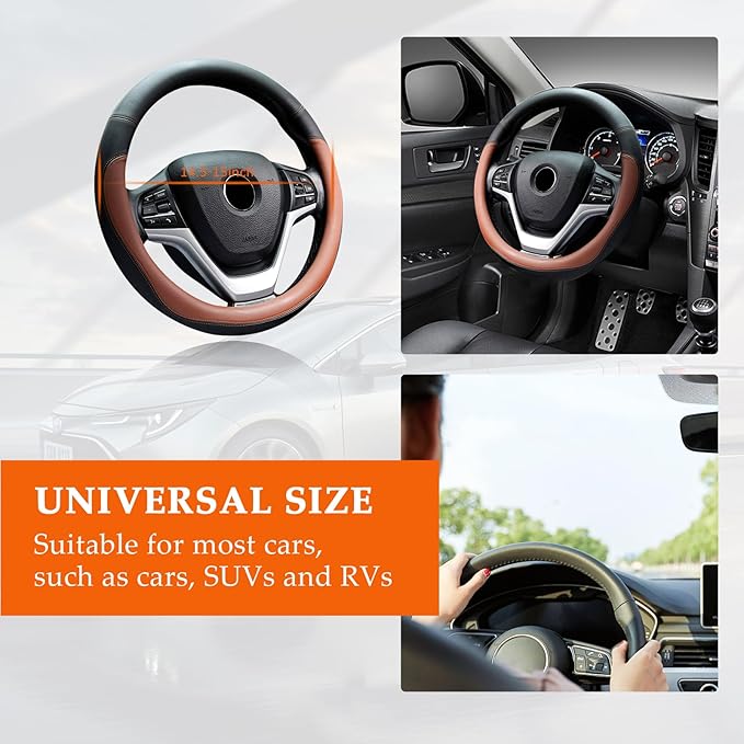 Ziciner Steering Wheel Cover, Soft Leather Premium Durable Elastic Auto Wheel Cover Protector, Stretch Breathable Anti-Slip Lining, Universal 14.5-15 inch Car Interior Accessories (Coffee)