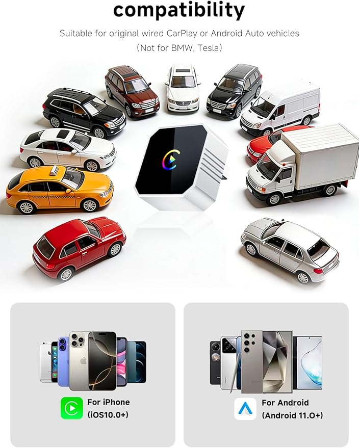 2026 Mini Wireless CarPlay Adapter Upgrade Wired to Wireless for CarPlay & Android Auto Plug and Play Fast Auto-Reconnect Stable Control Zero Delay for iPhone iOS 10+ & Android 11+