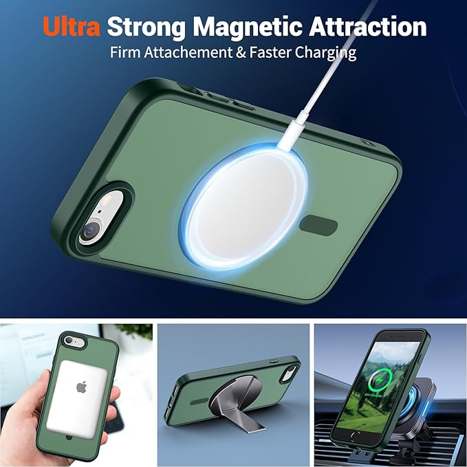SUPFINE Magnetic for iPhone SE Case 2022 (3rd)/2020 (2nd), iPhone 8 Case (Compatible with MagSafe) (Military Grade Drop Protection) Slim Translucent Matte Phone Case, Forest Green