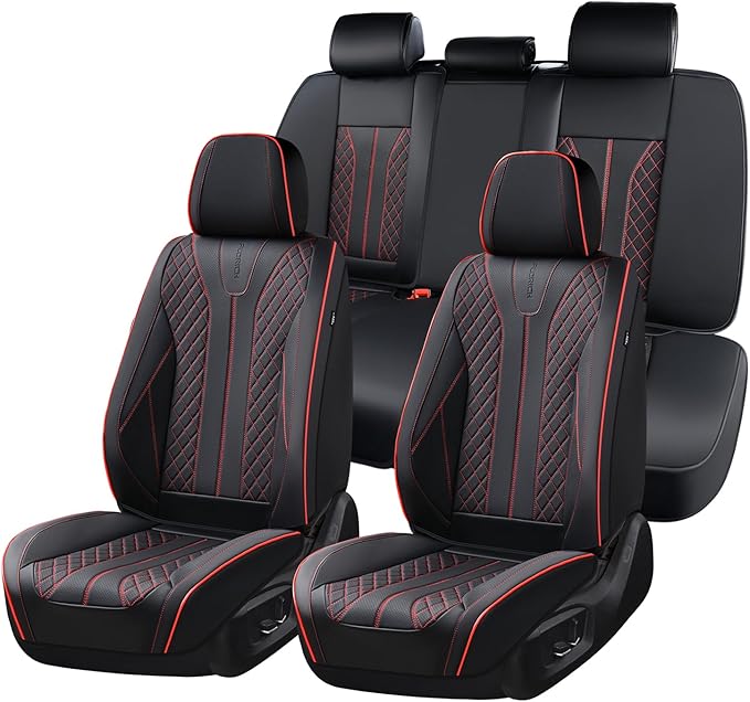 FLORICH Leather Seat Covers Car Seat Cover Front and Rear Seat Cover 5 Seats Automotive Seat Covers Waterproof Seat Covers for Cars Universal Fit for Most Cars SUV Trucks, Black&Red Line