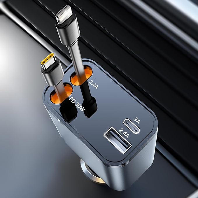 SUPERONE Smaller 69W Retractable Car Charger 4 in 1 Fast Car Phone Charger Adapter with Retractable Type C & L Cords, USB C Car Chargers for iPhone 17 16 15 14 13 12 Galaxy Pixel