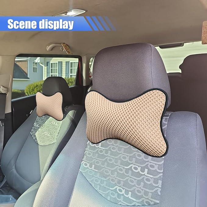 2PCS Car Headrest Pillow, Breathable Leather Car Neck Pillow, Soft Cloud Silk Cotton Neck Support Relief Cushion, Comfortable Automotive Seat Head Rest Pad for Driving Fatigue Relief (Beige)