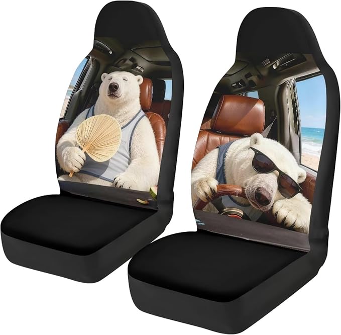 Funny Car Seat Covers 2 Pcs Automobile Front Seat Covers Polar Bear Breathable Protection Interior Accessories Anti-Slip Back Fabric Compatible with Most Cars,SUV,Sedan