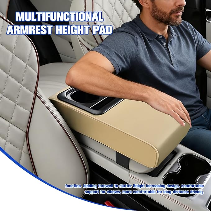 Car Center Console Armrest Pillow, Vehicle Armrest Seat Box Cushion Pad with Cup Holder & Phone Holder, Comfortable Auto Middle Console Cover, Universal for SUV RV Truck (Beige)