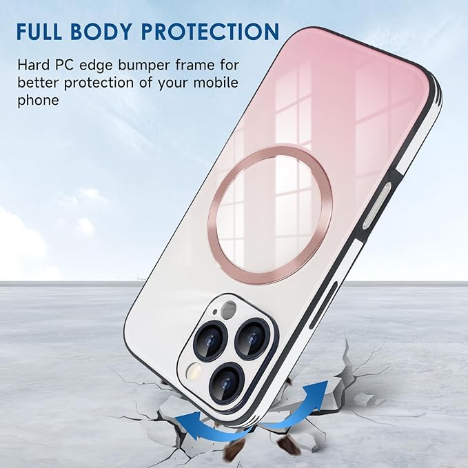 Guppy Compatible with iPhone 16 Pro Case Magnetic, with Full Camera Lens Protector [Compatible with MagSafe] Scratch Resistant Gradient Glass Back Cover Phone Case-Pink