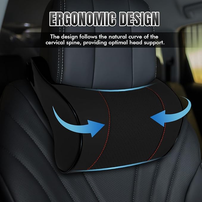 Car Neck Pillow with Memory Foam, Soft Comfortable Headrest Pillow for Driving, Ergonomic Design, Auto Seat Neck Support Pillows Head Rest Cushion with Breathable Leather Cover (Black)