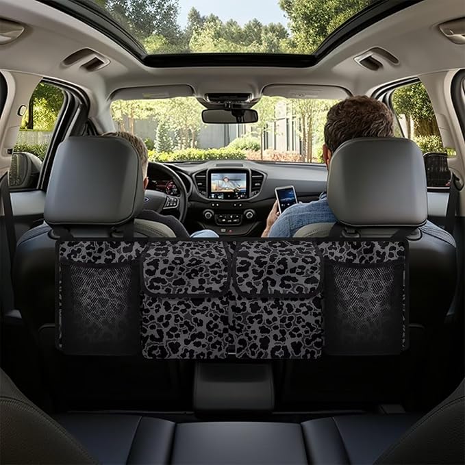 Black Leopard Print Backseat Trunk Organizer for Car Trunk Storage Bag with Lid Hanging Multipurpose Cargo Bag,Easy to Install