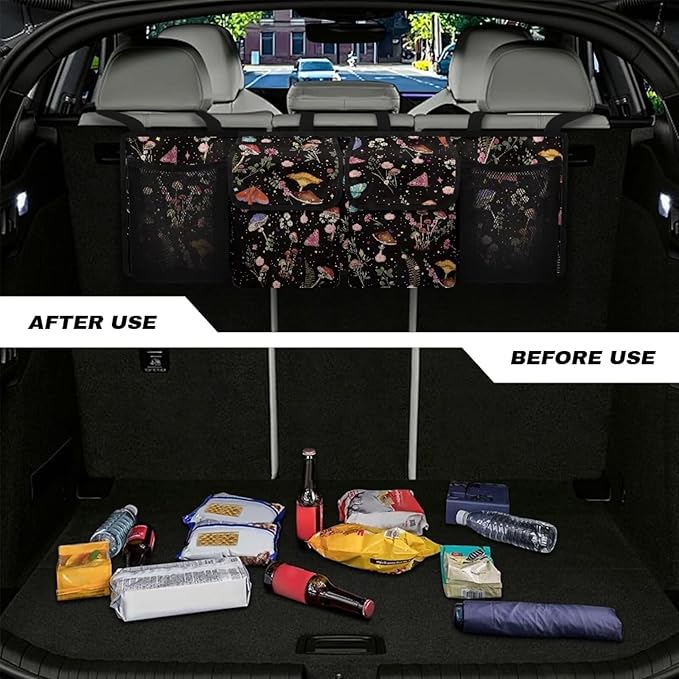 Mushroom Trunk Organizer for Car Women Oxford Cloth Back Seat Car Organizer Adjustable Car Back Seat Organizer with 4 Pockets, Space-Saving Car Organizers Storage Bag for SUV/MPV/Truck