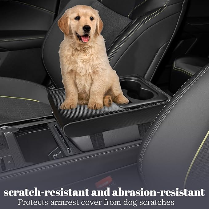QianBao Car Center Console Carbon Fiber Pattern Armrest Box Booster Cushion with Cup Holder Mobile Phone Storage Protector Universal for Most Car