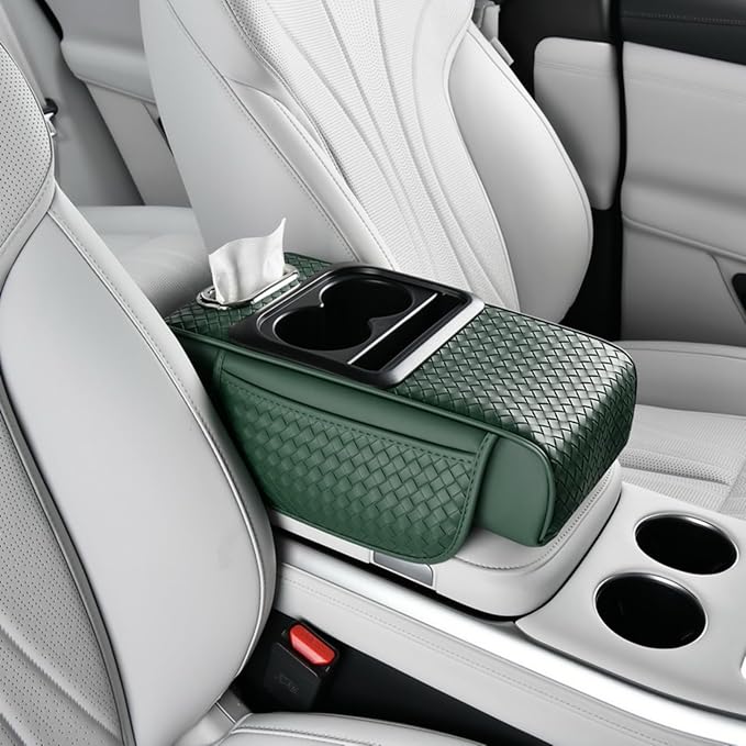 Car Armrest Cushion Cover Car Center Console Memory Foam Booster Pad with Storage Pocket and Tissue Hole for Sedan Vehicle (Cupholder - Green, 13.39 * 7.68 * 2.95'' / 34 * 19.5 * 7.5cm)
