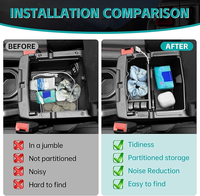 Center Console Organizer Compatible with 2018-2026 Jeep Wangler JL JLU 4xe Rubicon Sahara & 2020-2026 Gladiator JT Accessories, Armrest Storage Box Tray Fit for Jeep Interior Accessories