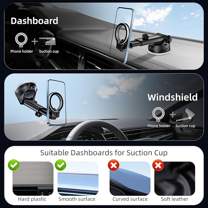 pop-tech for MagSafe Car Mount, [Aviation-Grade Aluminum] Universal Magnetic Phone Holder for Car Windshield Dashboard, Strong Magnet Cellphone Mount Fit for iPhone 16 Pro Max 15 14 13 12 Series