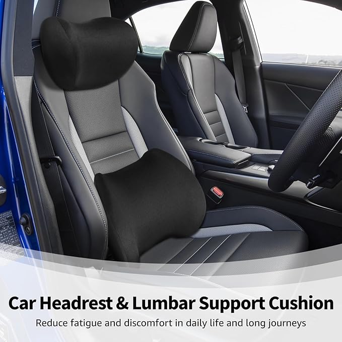 Headrest Lumbar Support Cushion, Car Head and Waist Pillow with Detachable Zipper Cover, Memory Foam for Car Seat, Black