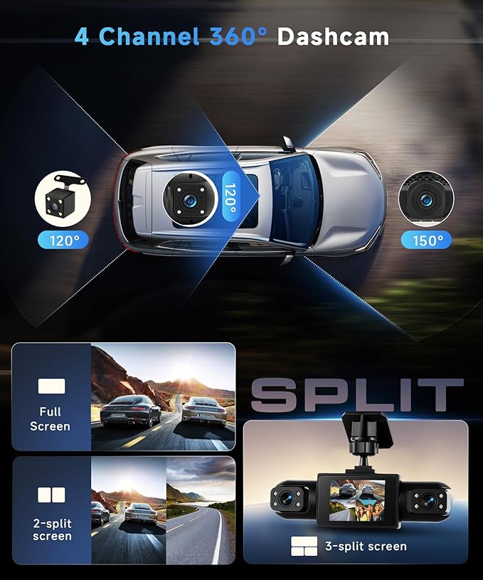 4 Channel 360 Dash Cam Front and Rear Inside Left Right, Dash Camera for Cars, Built-in Night Vision, Sensitive Motion Detection 24/7 Recording Parking Mode Monitor Reversing Help