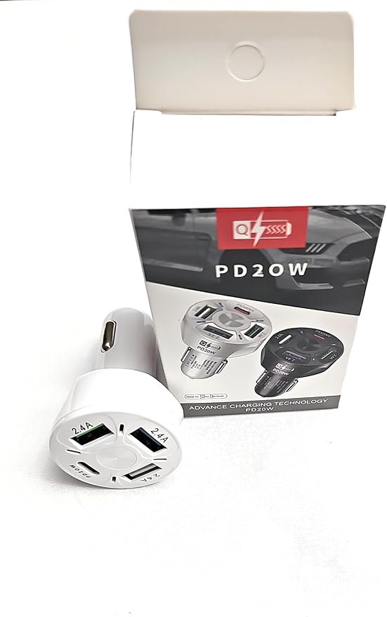 4 Port USB Fast Charging Cigarette Light Car Charger 3 * 2.4 A USB/ 1 PD20W LED Light Compatible with Tablets Cameras iPhone 14 13 12 11 Pro Max X XR XS Samsung Galaxy Series Google Pixel (White)