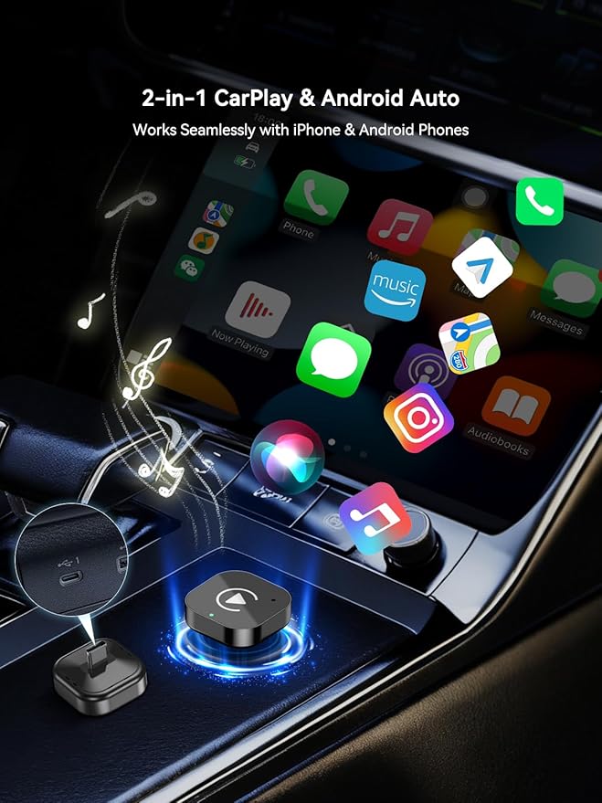 USB-C Wireless CarPlay & Android Auto Adapter, Plug-in Dongle Converts Factory Wired CarPlay/Android Auto to Wireless (Gloss Black, USB-C)