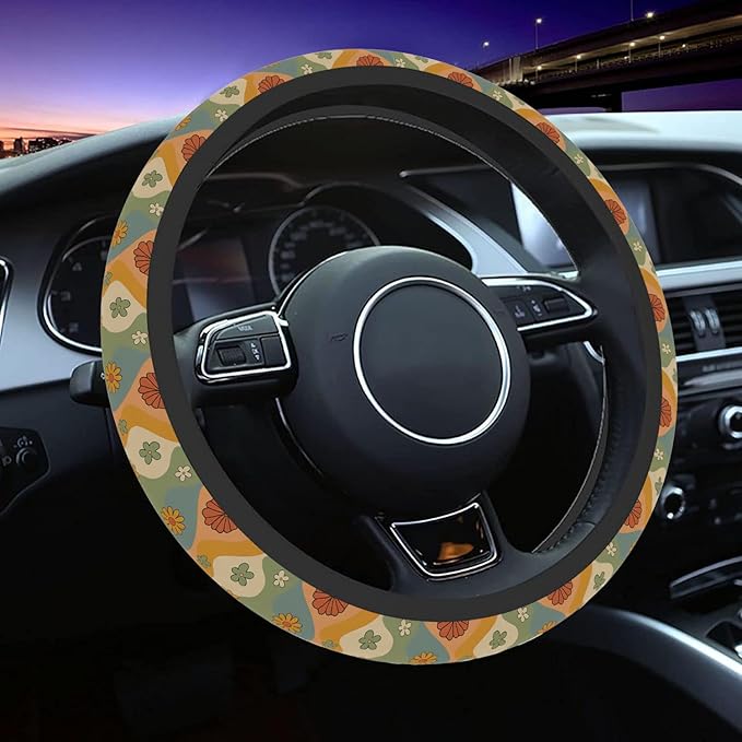 Car Steering Wheel Cover for Women Men, Non-Slip Flower Retro Steering Wheel Protector, Universal 14"-15" Fit for Cars, SUVs, Trucks (Flower Retro)