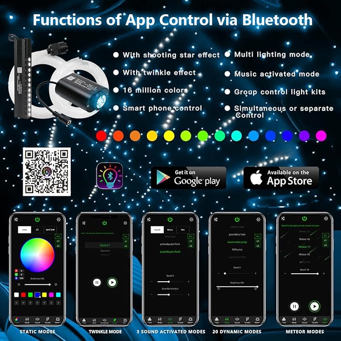 AKEPO Mini Size 6W RGBW Twinkle+White Meteor+Music Sync Fiber Optic Lights, 550pcs 0.03in 13.1ft/4m+Shooting Star Fiber Strands APP Star Ceiling Light Kit for Home and Car Headliner Starlight