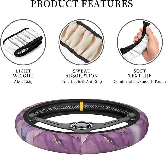 Purple Marble Steering Wheel Cover Women Men Elastic Stretch Soft Car Wheel Protector Universal Breathable No-Slip Car Accessories for Truck Van SUV Auto Fit 14-15 Inches