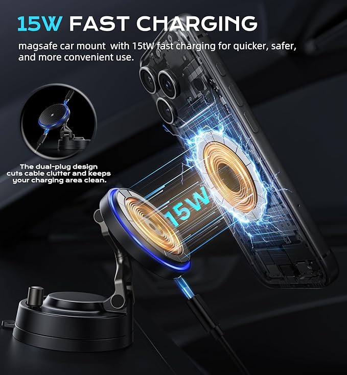 for MagSafe Car Mount Charger, 15W Fast Wireless Charging Magnetic Car Phone Holder, 360°Rotatable & Foldable Metal Stand, Strong N52 Magnet for iPhone 17–12 Series & Mag Safe Case