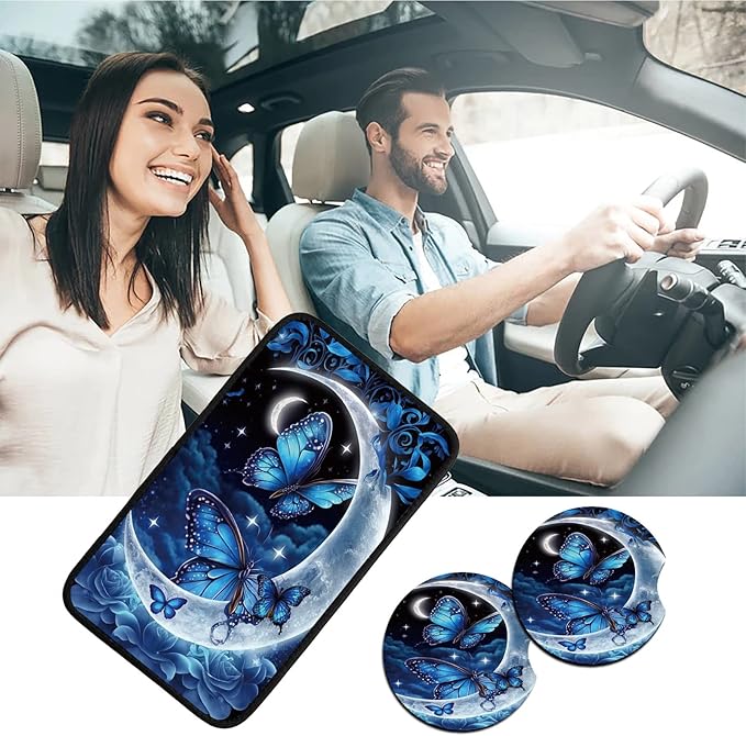 Car Armrest Cover Pads Universal Fashion Cute Auto Center Console Armrest Cover Pad with 2PCS Car Coasters Soft Waterproof Car Armrest Seat Protector for Women Girls, Blue Moon Butterflies