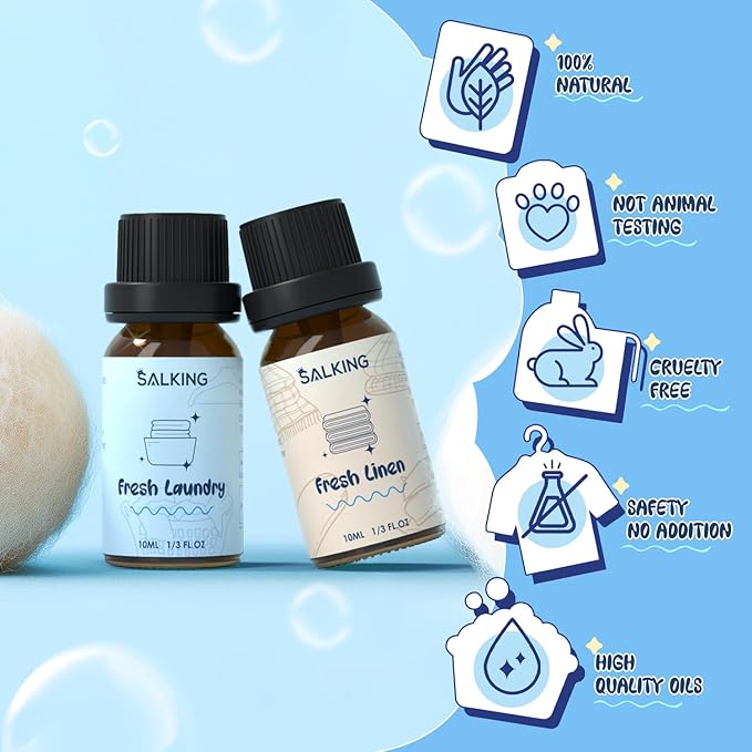 SALKING Laundry Fragrance Oils, Premium Essential Oil for Diffuser, Scented Oil Gift Set for Soap Candle Making - Citrus Clean, Fresh Laundry, Fresh Linen, Lavender Fields, Still Breeze, Minty Fresh