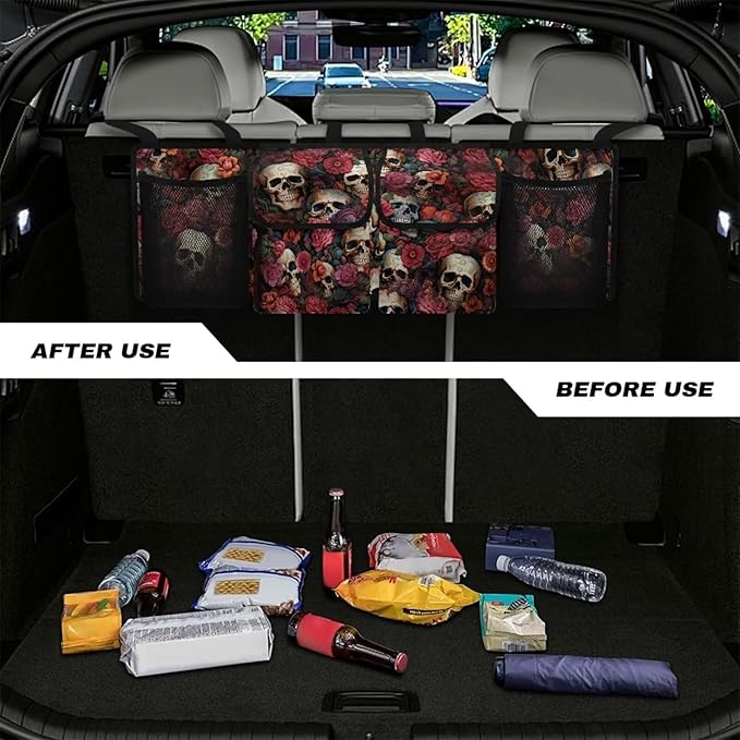 Skull Floral Car Trunk Organizer, Backseat Hanging Large Storage with Adjustable Straps & 4 Pockets, Waterproof Collapsible Cargo Bag, Car Interior Accessories for SUV, Truck, Van
