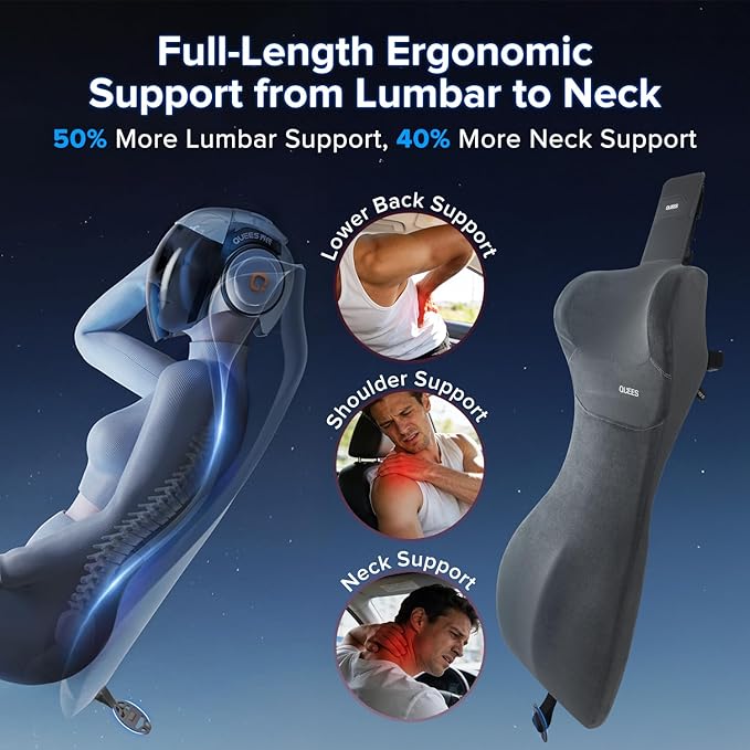 Lumbar Support Pillow for Car with Headrest, Memory Foam Cushion for Back & Neck Support, Muscle Fatigue Relief, Full-Length S-Curve Support for Long Drives, Fits Cars, SUVs, Trucks