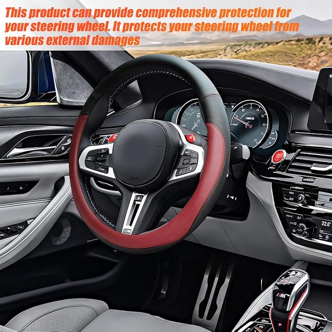 Car Steering Wheel Cover, 15 Inch Leather Anti-Slip Breathable Vehicle Steering Wheel Protecter with Comfortable Feel, Automotive Interior Accessories, Universal for SUV Sedan Truck (Wine Red)