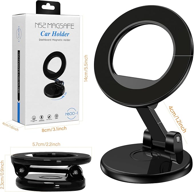 Magnetic Car Phone Holder, N55 Strong Magnets, 360° Rotation Dashboard Magnetic Phone Holder for Car, Folding Car Magnet Phone Mount for iPhone 16 15 14 13 Pro Max (Round-2)