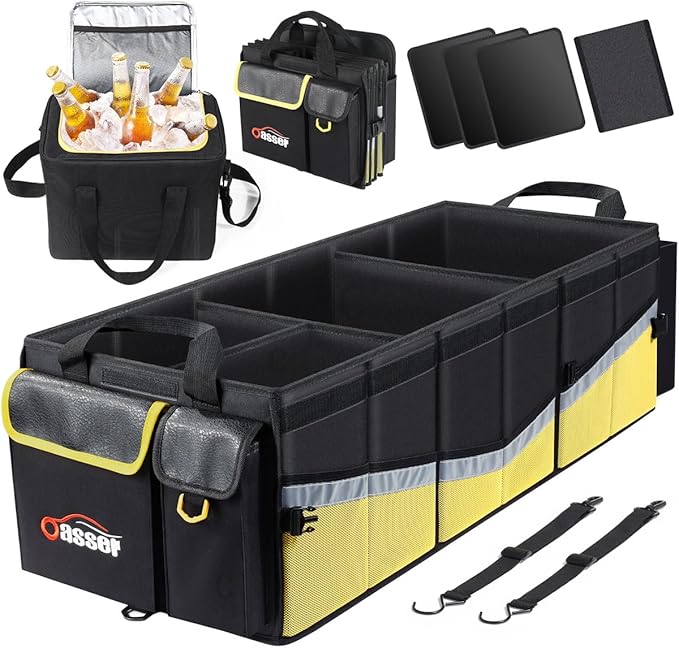 Oasser Trunk Organizer with Cooler Bag 95L, Bearing 110lb No Deformation, Collapsible with Multi Compartments, 20L Removable Insulated Bag, Foldable Lid, Non Slip Bottom, 2 Straps (Black&Yellow)