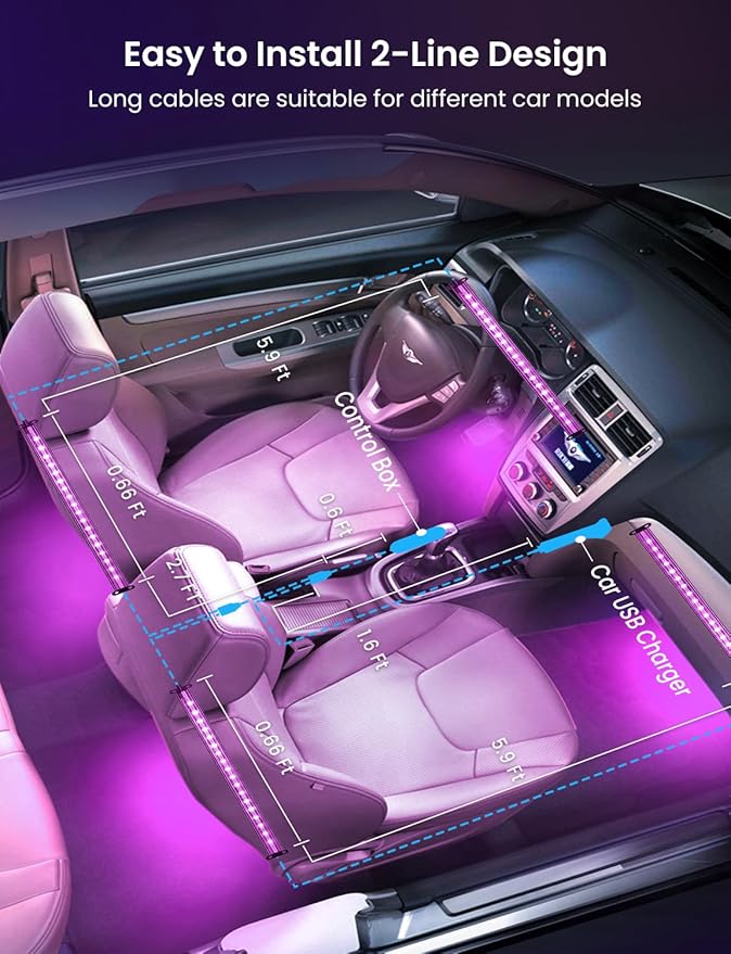 Car RGB LED Lights, Smart 48 LED Car Interior Light with APP Control, Under Dash Car Strip Lights, Music Mode, DIY Mode, 2 Lines Design Light with Charger, Ambient Lighting for Cars SUVs Trucks