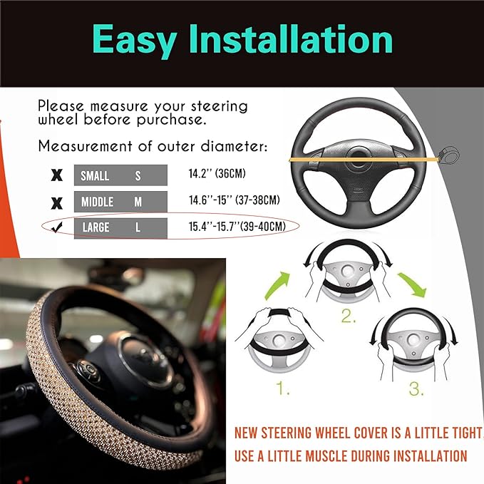 PINCTROT Large Size Bling Comfy Steering Wheel Cover with Jumbo Crystal Rhinestones, Anti-Slip Diamond Leather, 15.5-15.75 Inch (Gold)