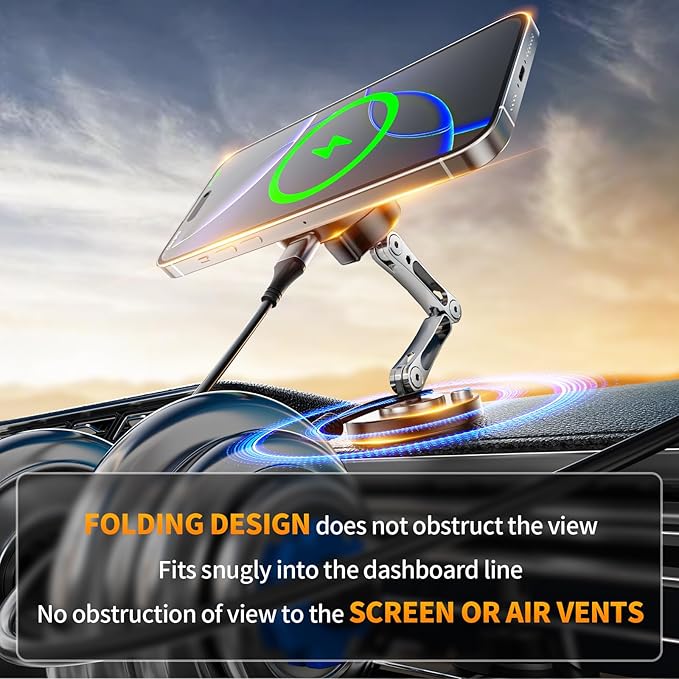 Magnetic Car Mount Charger Wireless, 15W Fast Charging 2 in 1 Magnetic Cell Phone Holder Stick on Dashboard Windshield, 360° Foldable Full Metal Car Accessories for iPhone16/15/14/13/12 Series