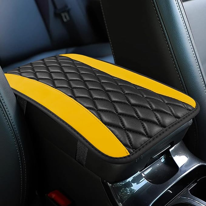 Car Center Console Cushion Pad, Armrest Cover for Car, Leather Waterproof Armrest Seat Box Cover, Auto Accessories Comfortable Arm Rest Box Cushion Pad for Most Vehicles (Yellow)