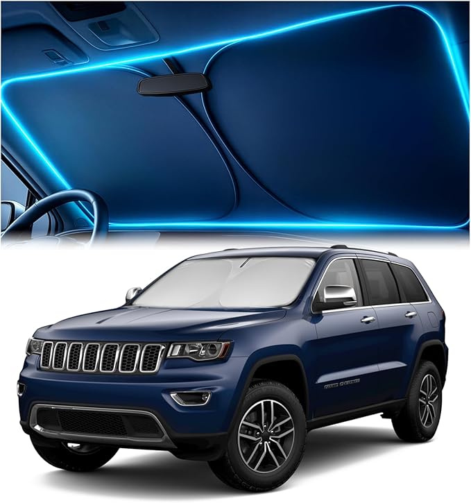 Windshield Sun Shade for Jeep Grand Cherokee 2011-2026 – Custom Fit Sun Shield with Mirror Cut‑Out, Blocks Heat & UV, Foldable with Storage Pouch - Jeep Grand Cherokee Windshield Sunshade