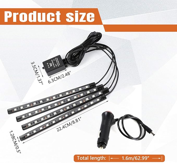 Wuyaoyao Car LED Interior Light, 48 LED Lights Multicolor Music Car Strip Light, Car Strip Light with Sound Active Function and Remote Control, Under Dash Lighting Kit (Cigarette Lighter+Remote)