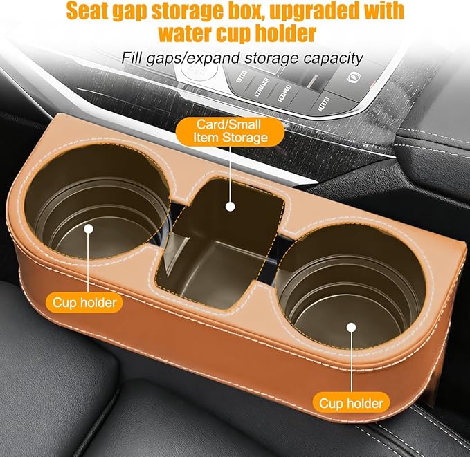 Car Seat Gap Filler Organizer with Cup Holder, Leather Multifunctional Vehicle Front Seat Crevice Storage Box Bag, Automotive Console Side Bucket Pocket, Universal Fit (Brown)